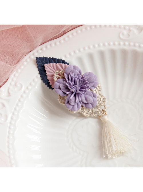 Retro Fashion White Tassels Purple Flowers Golden Lace Leaves Female Handmade Duckbill Clip Hairpin