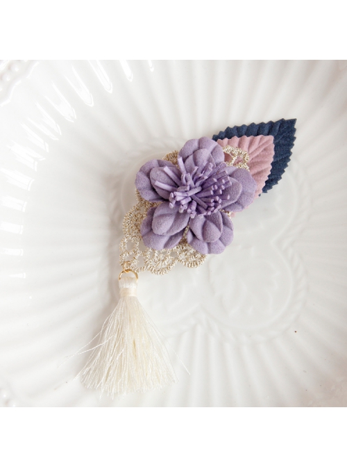 Retro Fashion White Tassels Purple Flowers Golden Lace Leaves Female Handmade Duckbill Clip Hairpin