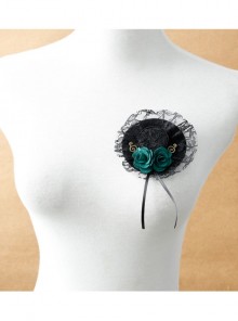 Fashion Retro Green Rose Flower Black Lace Musical Note Small Hat Female Brooch