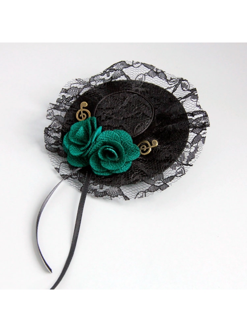 Fashion Retro Green Rose Flower Black Lace Musical Note Small Hat Female Brooch