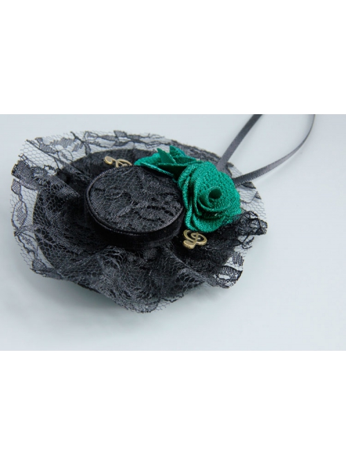 Fashion Retro Green Rose Flower Black Lace Musical Note Small Hat Female Brooch
