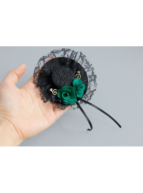 Fashion Retro Green Rose Flower Black Lace Musical Note Small Hat Female Brooch