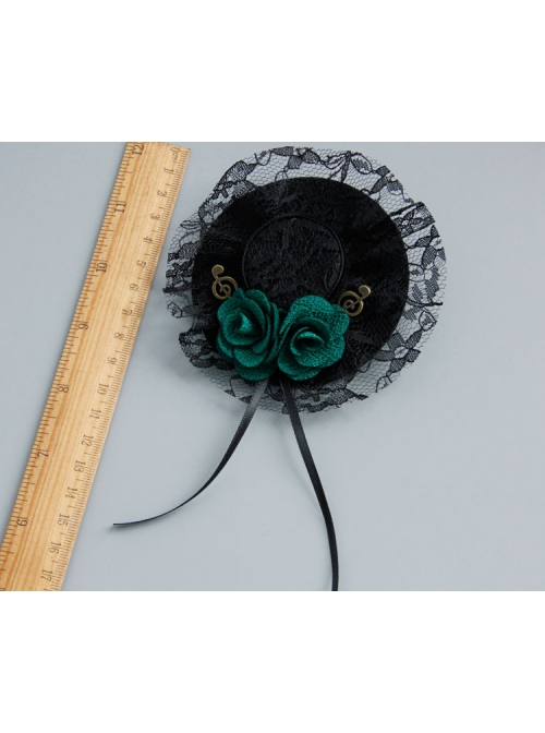 Fashion Retro Green Rose Flower Black Lace Musical Note Small Hat Female Brooch