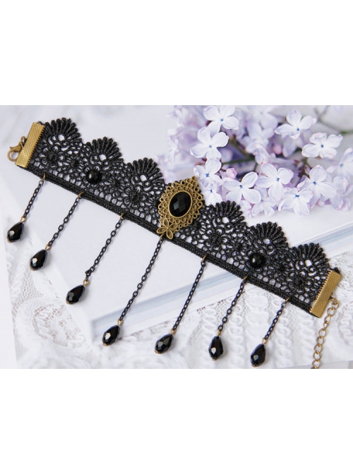 Handmade Retro Gothic Fashion Black Lace Gems Tassel Anklet