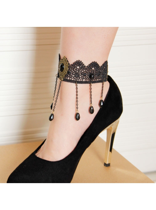 Handmade Retro Gothic Fashion Black Lace Gems Tassel Anklet