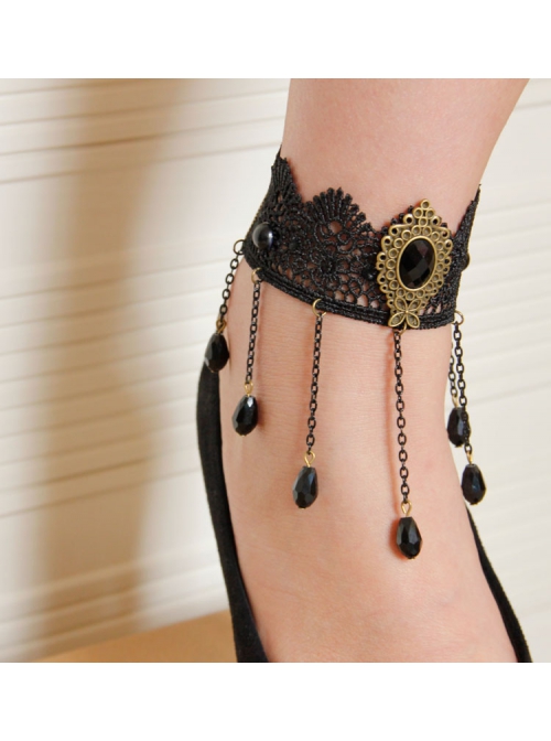 Handmade Retro Gothic Fashion Black Lace Gems Tassel Anklet