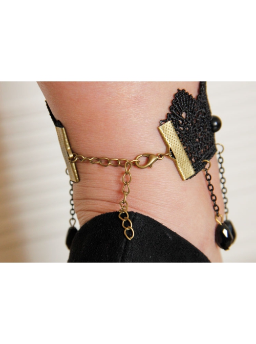 Handmade Retro Gothic Fashion Black Lace Gems Tassel Anklet