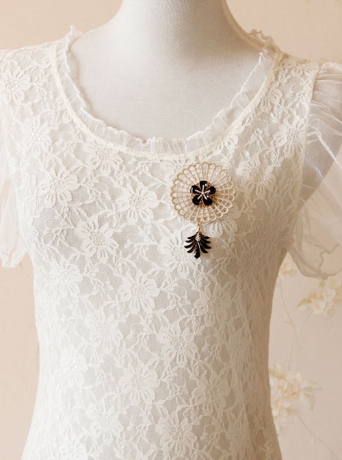 Fashion Retro Golden Lace Diamond Flower Personality Black Feather Female Brooch