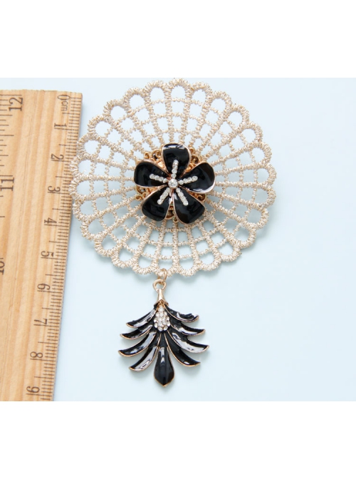 Fashion Retro Golden Lace Diamond Flower Personality Black Feather Female Brooch