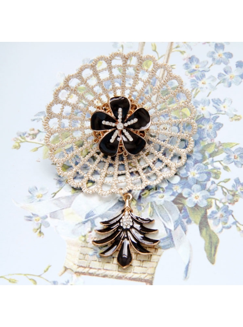 Fashion Retro Golden Lace Diamond Flower Personality Black Feather Female Brooch