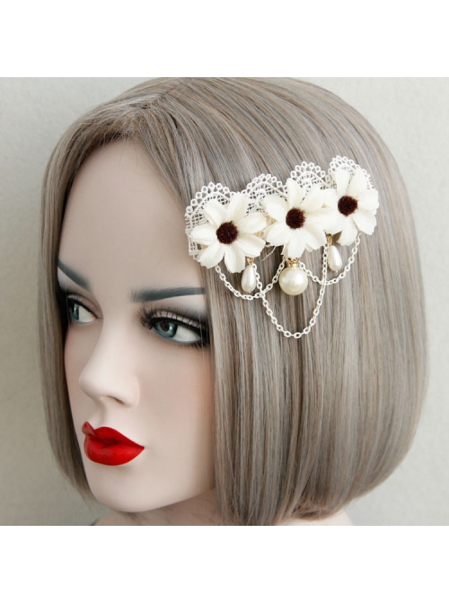 Fashion Cute White Lace Flower Pearl Tassel Lolita Sweet Handmade Female Hairpin