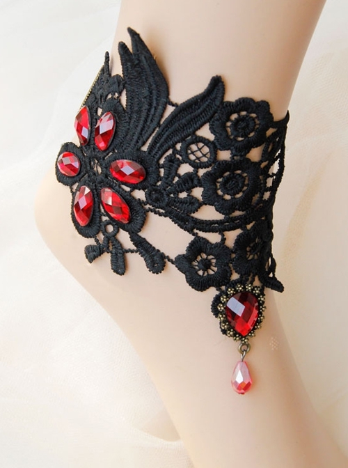 Gothic Retro Fashion Wide Black Lace Embroidery Ruby Anklet