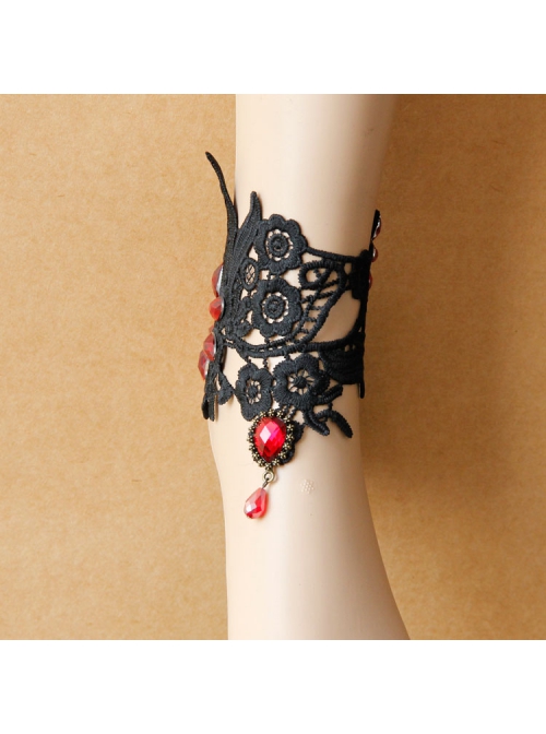 Gothic Retro Fashion Wide Black Lace Embroidery Ruby Anklet
