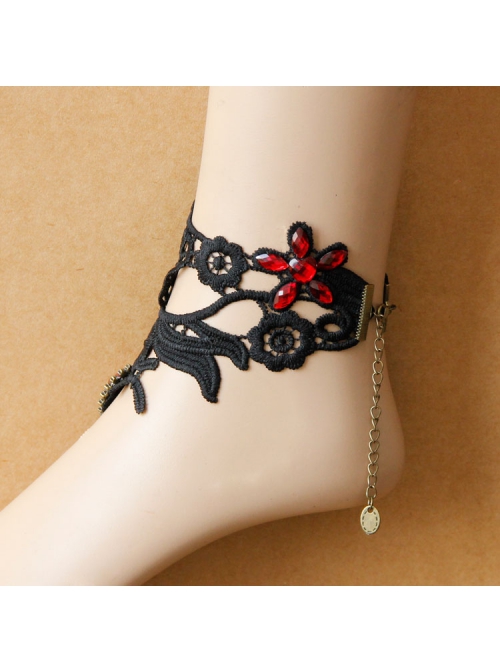 Gothic Retro Fashion Wide Black Lace Embroidery Ruby Anklet