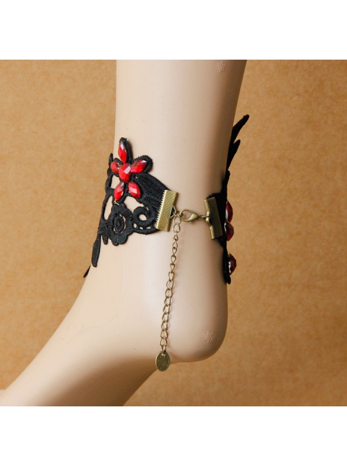 Gothic Retro Fashion Wide Black Lace Embroidery Ruby Anklet