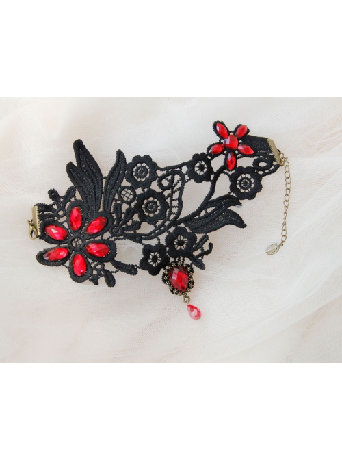 Gothic Retro Fashion Wide Black Lace Embroidery Ruby Anklet