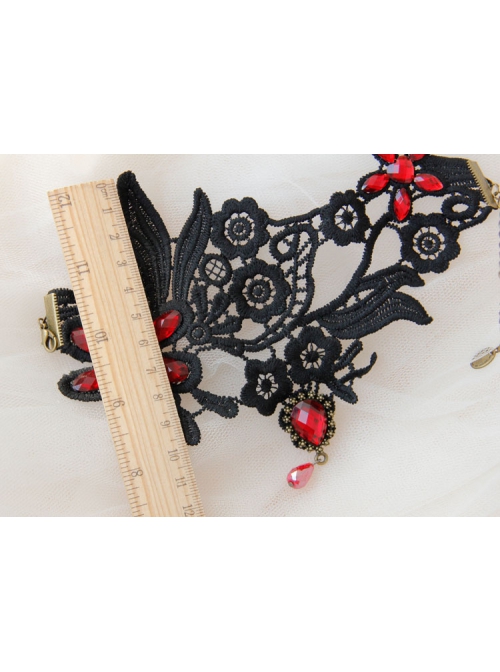 Gothic Retro Fashion Wide Black Lace Embroidery Ruby Anklet