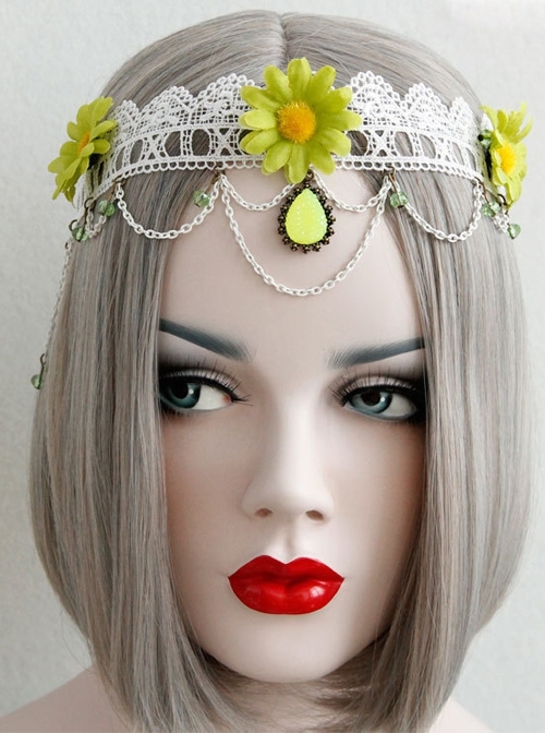 Fashion Green Small Daisies White Tassels Lace Creativity Retro Bride Married Flowers Hairband
