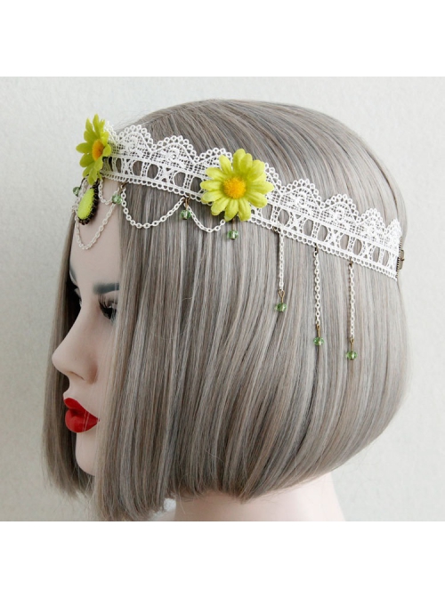 Fashion Green Small Daisies White Tassels Lace Creativity Retro Bride Married Flowers Hairband