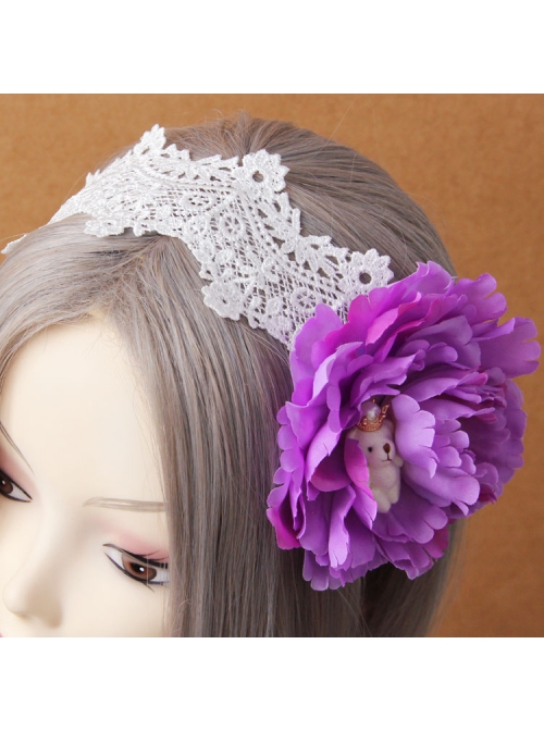 Fashion Leisure Purple Flowers Bear White Lace Bride Seaside Tourism Wide Hair Band