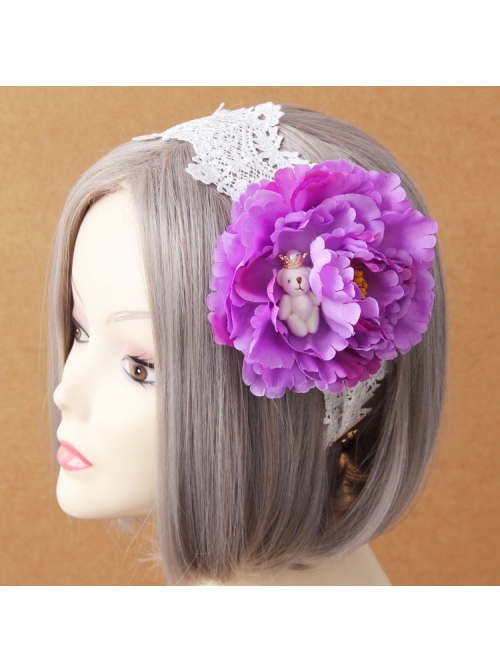 Fashion Leisure Purple Flowers Bear White Lace Bride Seaside Tourism Wide Hair Band