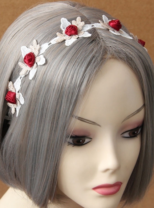 Fashion Retro Halloween Christmas Red Rose White Lace Bride Stretch Hairband
