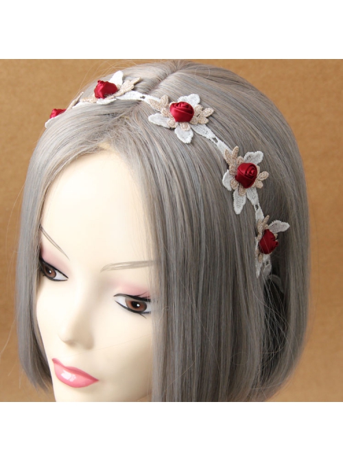 Fashion Retro Halloween Christmas Red Rose White Lace Bride Stretch Hairband