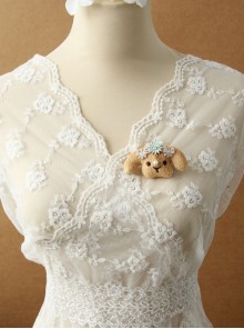 Retro Fashion Cute Personality Cartoon Puppy White Pearl Rhinestone Blue Flower Golden Lace Brooch