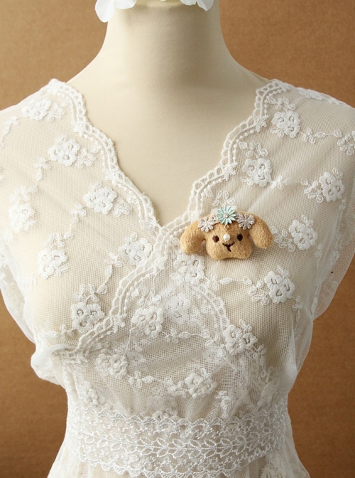 Retro Fashion Cute Personality Cartoon Puppy White Pearl Rhinestone Blue Flower Golden Lace Brooch