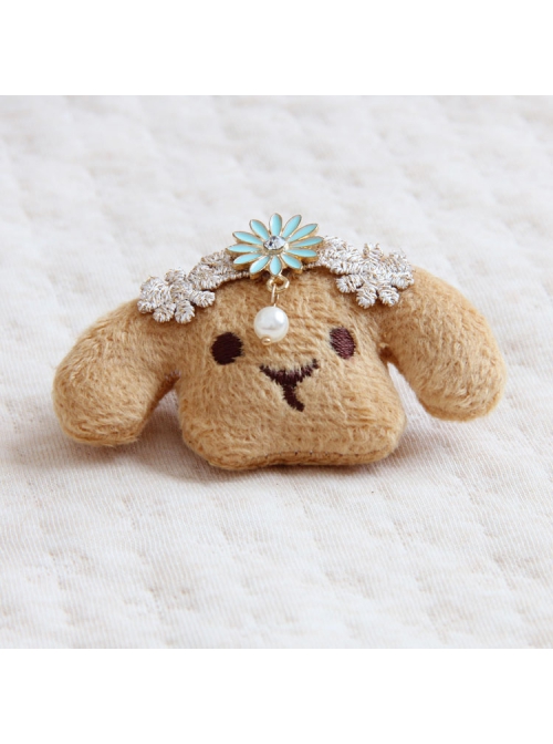 Retro Fashion Cute Personality Cartoon Puppy White Pearl Rhinestone Blue Flower Golden Lace Brooch