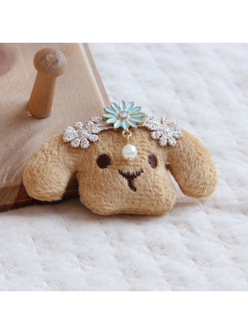 Retro Fashion Cute Personality Cartoon Puppy White Pearl Rhinestone Blue Flower Golden Lace Brooch