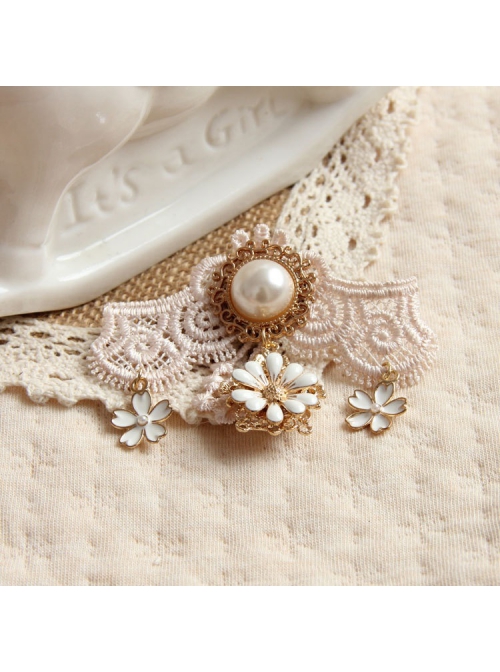 Palace Fashion Retro Light Pink Lace White Pearl Cherry Blossom Handmade Brooch