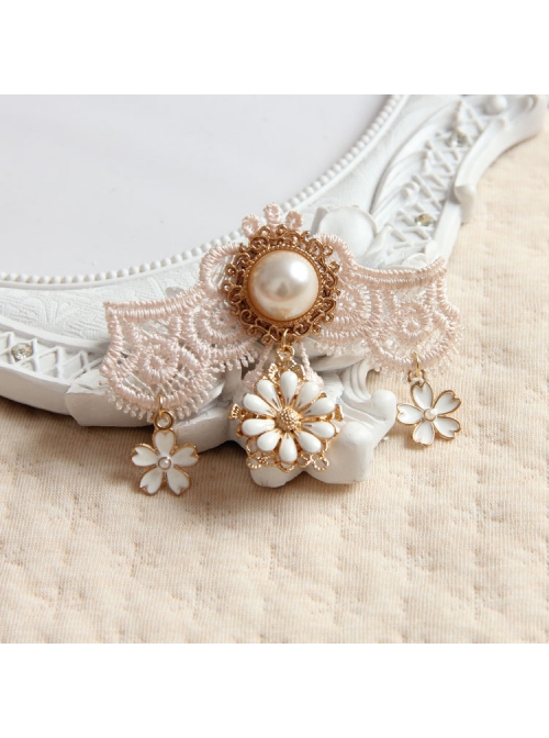 Palace Fashion Retro Light Pink Lace White Pearl Cherry Blossom Handmade Brooch