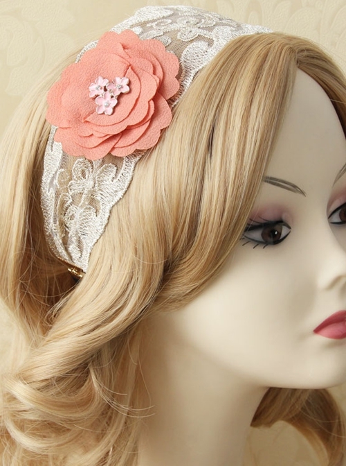 Retro Fashion Casual Seaside Orange Pink Fabric Flower Wide Brim Golden Lace Elastic Hair Band