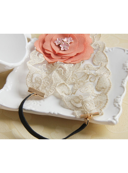 Retro Fashion Casual Seaside Orange Pink Fabric Flower Wide Brim Golden Lace Elastic Hair Band