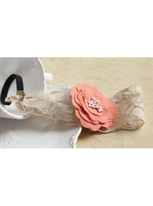 Retro Fashion Casual Seaside Orange Pink Fabric Flower Wide Brim Golden Lace Elastic Hair Band