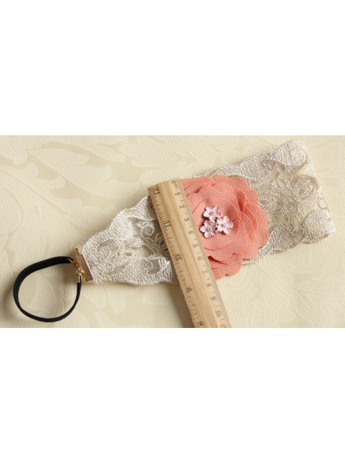 Retro Fashion Casual Seaside Orange Pink Fabric Flower Wide Brim Golden Lace Elastic Hair Band