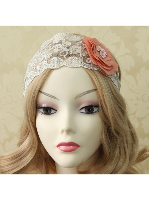 Retro Fashion Casual Seaside Orange Pink Fabric Flower Wide Brim Golden Lace Elastic Hair Band
