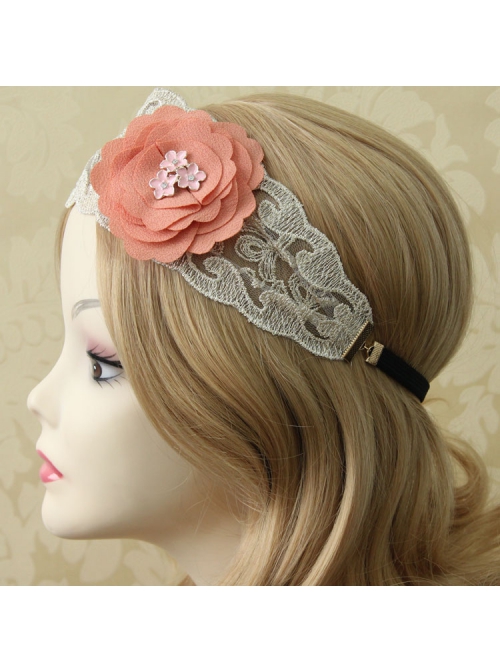 Retro Fashion Casual Seaside Orange Pink Fabric Flower Wide Brim Golden Lace Elastic Hair Band