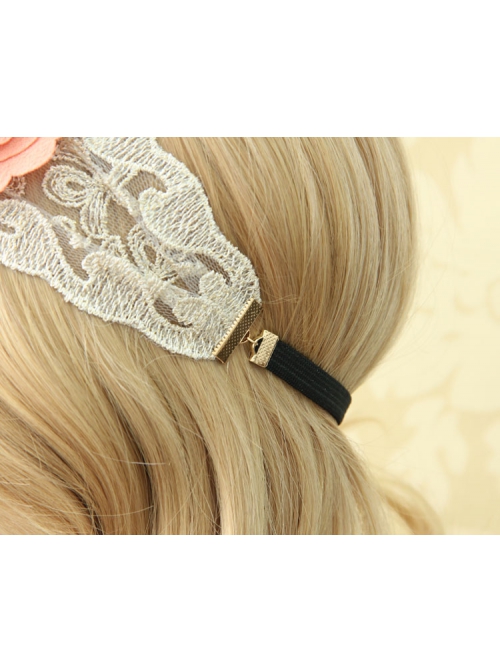 Retro Fashion Casual Seaside Orange Pink Fabric Flower Wide Brim Golden Lace Elastic Hair Band