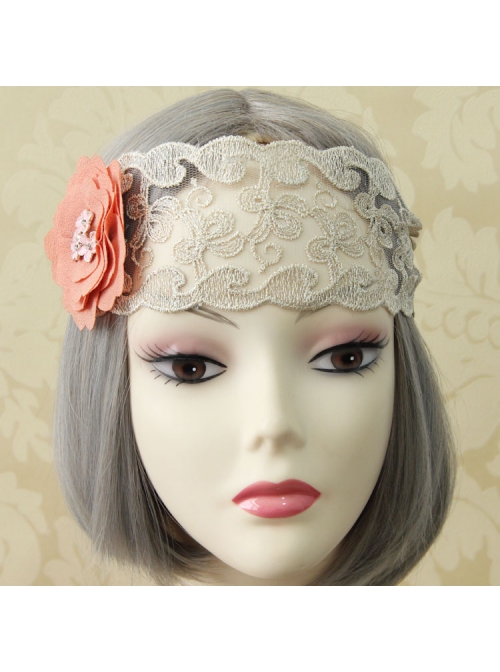 Retro Fashion Casual Seaside Orange Pink Fabric Flower Wide Brim Golden Lace Elastic Hair Band