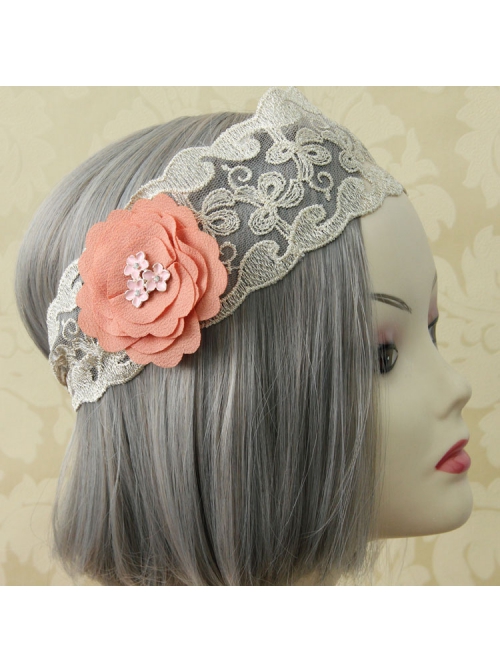 Retro Fashion Casual Seaside Orange Pink Fabric Flower Wide Brim Golden Lace Elastic Hair Band