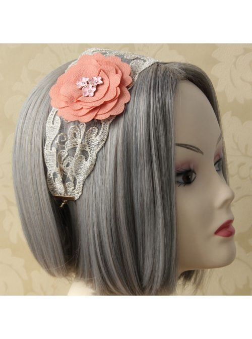 Retro Fashion Casual Seaside Orange Pink Fabric Flower Wide Brim Golden Lace Elastic Hair Band