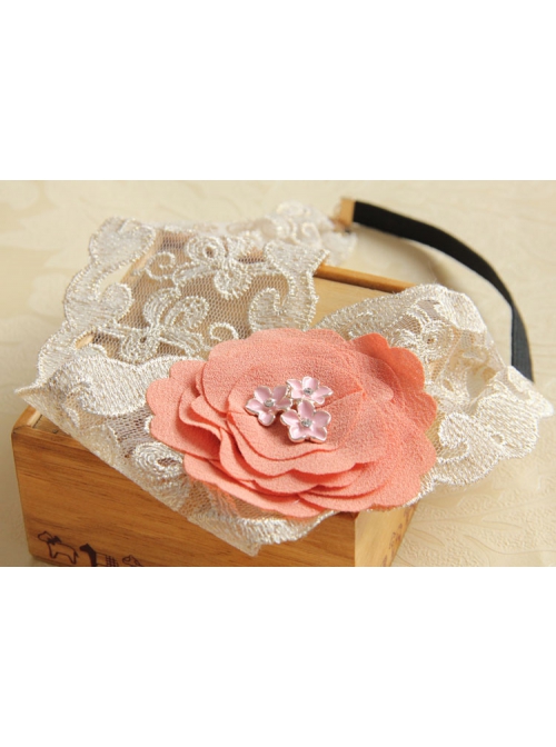 Retro Fashion Casual Seaside Orange Pink Fabric Flower Wide Brim Golden Lace Elastic Hair Band