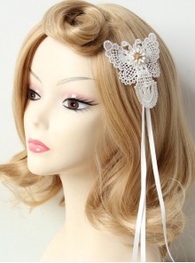 Fashion Retro Personality Bride White Lace Butterfly Long Streamer Hairpin