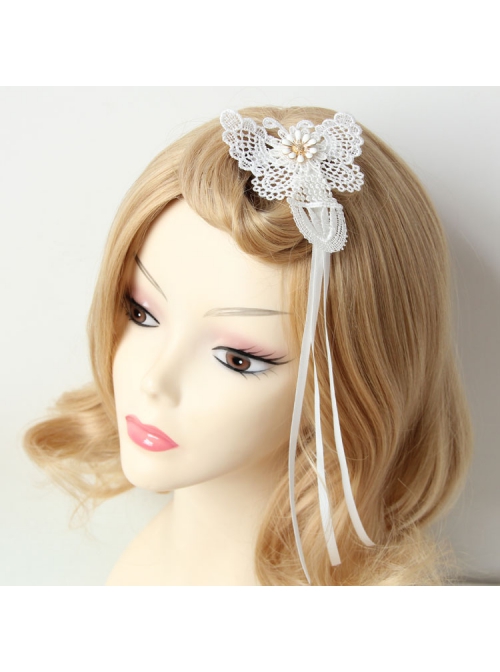 Fashion Retro Personality Bride White Lace Butterfly Long Streamer Hairpin