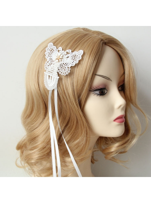 Fashion Retro Personality Bride White Lace Butterfly Long Streamer Hairpin
