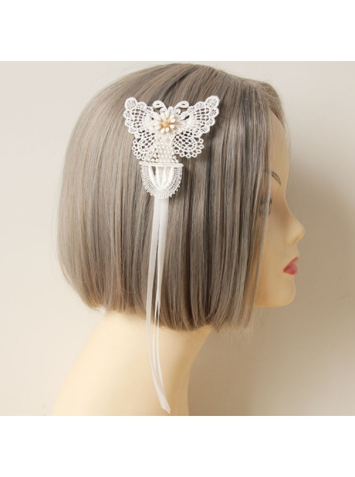 Fashion Retro Personality Bride White Lace Butterfly Long Streamer Hairpin
