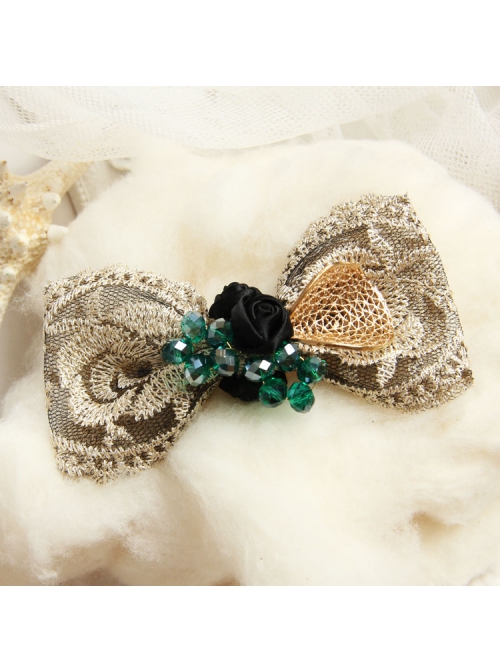 Retro Palace Fashion Bow Gold Lace Green Crystal Rose Spring Hairpin