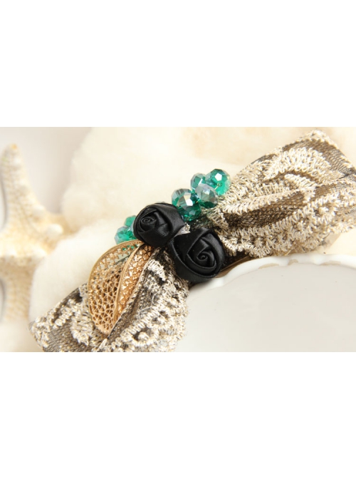 Retro Palace Fashion Bow Gold Lace Green Crystal Rose Spring Hairpin